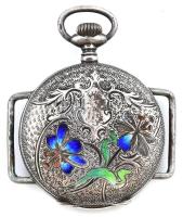 Ezüst (Ag) Remontoir zománcos női zsebóra, átalakított, sérült, nem jár, jelzett. D: 35mm