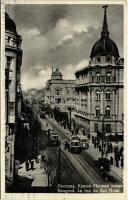 Belgrade, Beograd; La rue du Roi Milan / street view, tram, pharmacy (EK)