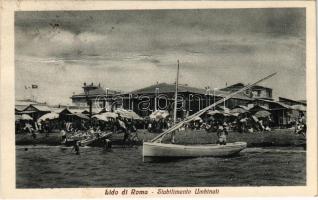 1938 Roma, Rome; Lido, Stabilimento Umbinati / beach, bathers, sailboat (fa)