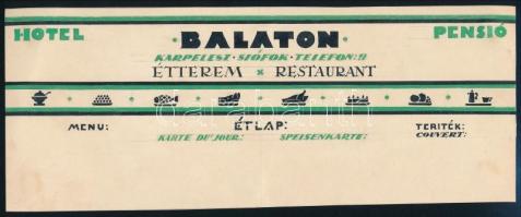 Hotel Balaton Pensió, Karpelesz Siófok, art deco étlapterv, 1930 körül. Tempera, ceruza, karton. Jelzés nélkül. 9x23 cm