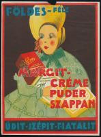 cca 1920 Földes-féle Margit-créme puder szappan üdit, szépít, fiatalít, villamosplakát, sérült, 23x17cm