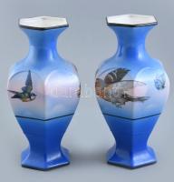 Angol retró madaras porcelán váza pár, matricás, részben jelzett, kopásnyomokkal, m: 23 cm