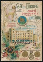 cca 1900-1910 Wien (Bécs), Ludwig Riedl's Café de l'Europe kávéház többnyelvű ismertető kiadványa, dekoratív szecessziós litho borítóval, a borító foltos, 52 p.