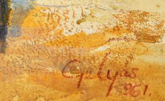 Gulyás Dénes (1927-2003): Sétálók a budai Dunaparton (háttérben a Parlament), 1961. Olaj, farost, je...