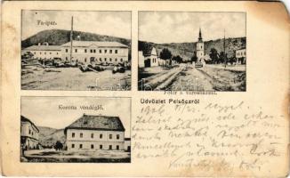 1906 Pelsőc, Pelsőcz, Pelsücz, Plesivec (Gömör); Korona szálloda és vendéglő, Faipar, Fő tér a városházzal. Pártos Mór kiadása / hotel and restaurant, lumber yard, sawmill, main square, town hall (b)