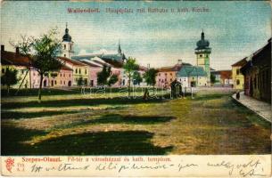 1907 Szepesolaszi, Szepes-Olaszi, Wallendorf, Spisské Vlachy; Hauptplatz mit Rathaus u. kath. Kirche / Fő tér, Városháza és Katolikus templom. Feitzinger Ede 719. A.J. 1904/14. / main square, town hall, Catholic church (EK)