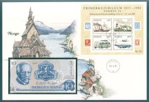 Norvégia 1977. 10K dekoratív, nagyalakú bélyeges, bankjegyes borítékon, bélyegblokkal T:I