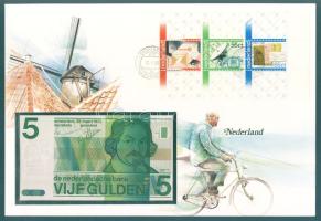 Hollandia 1973. 5G dekoratív, nagyalakú bélyeges, bankjegyes borítékon, bélyegblokkal T:I