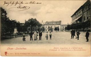 1907 Lőcse, Levoca; Sétatér, Megyeháza és a honvéd emlék. Feitzinger Ede No. 949L. 1905. / Promenade mit Comitatshaus u. Honvéd-Denkmal / promenade, county hall, Hungarian military monument (kopott sarkak / worn corners)