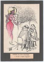 Rau Tibor (1934-2000): Külföldiek egy pesti mulatóban (Eroitikus karikatúra). Akvarell, tus, papír, kartonra kasírozva. Jelzett. 28x21 cm.