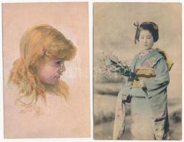 4 db RÉGI képeslap: hölgyek, erotika, gésa / 4 pre-1945 postcards: lady, erotic, geisha