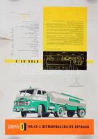 cca 1960-1970 Csepel D 706.03-3 üzemanyagszállító gépkocsi, Csepel Autógyár kétoldalas reklám plakát, feltekerve, sérült, 49,5x34,5 cm