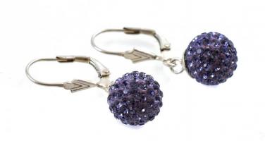 Ezüst(Ag) fülbevalópár lila shamballa gyönggyel, jelzett, h: 3 cm, bruttó: 3,1 g