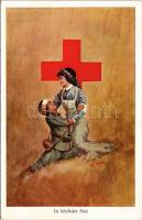 In höchster Not / WWI Austro-Hungarian K.u.K. military art postcard, Red Cross nurse with injured soldier s: W. Pyka