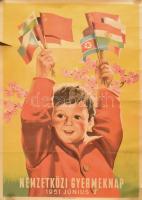 1951 Konecsni György (1908-1970): Nemzetközi Gyermeknap, 1951. június 3. Nagyméretű plakát. Bp., Offset-ny. Feltekerve, sérülésekkel, 118,5x82,5 cm