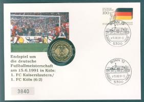 NSZK 1991D 2M aranyozva "Ludwig Erhard" érmés, bélyeges borítékon, alkalmi bélyegzéssel "Labdarúgó bajnokság-Köln" T:1