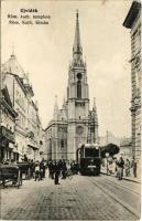 1919 Újvidék, Novi Sad; Római katolikus templom, villamos, kerékpár. Ábrahám János kiadása / Catholic church, tram, bicycle (EK)