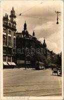 1932 Budapest V. Kossuth Lajos utca, villamos, Szénásy papír és Meinl üzlet, Kőszegi. photo