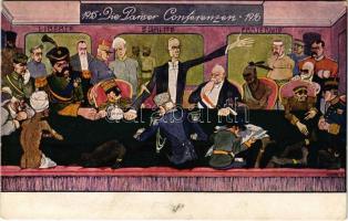 1915-1916 Die Pariser Conferenzen / WWI Austro-Hungarian K.u.K. military propaganda, Anti-Entente Powers mocking art postcard. Kilophot-Künstlerkarte s: Lenhard (EK)