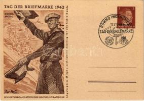 1942 Tag der Briefmarke. Kriegsmarine. Einheitsorganisation der Deutschen Sammler / WWII Day of the German Stamp, NSDAP German Nazi Party propaganda, German Navy mariner, Adolf Hitler, swastika; 3 Ga. s: Axster-Heudtlass + "Tag der Briefmarke 11. 1. 1942. ROWNO (WOLHYNIEN)" So. Stpl. (EK)