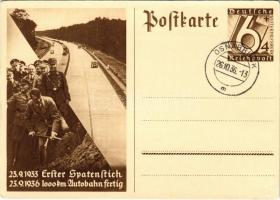 1933 Erster Spatenstich - 1936 1000 km Autobahn fertig / 1933 First Groundbreaking - 1936 1000 km highway completed. Adolf Hitler, NSDAP German Nazi Party propaganda. 6+4 Ga. (EK)