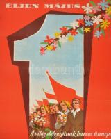 1959 Éljen május 1. A világ dolgozóinak harcos ünnepe, nagyméretű szocialista propaganda plakát, kiadja a Szakszervezetek Országos Tanácsa, Bp., Offset-ny., hajtva, szakadásokkal, 98x67,5 cm