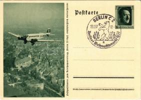 Festpostkarte zum Reichsparteitag / NSDAP German Nazi Party propaganda, Junkers Ju-52 (D-2600) Adolf Hitlers first personal transport aircraft, swastika; 6 Ga. + Berliner Weihnachtsmarkt 1937 So. Stpl. (EK)