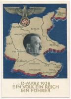 1938 März 13. Ein Volk, ein Reich, ein Führer! / Adolf Hitler, NSDAP German Nazi Party propaganda, map, swastika. 6 Ga. s: Professor Richard Klein + "Ein Volk, Ein Reich, Ein Führer 10. April 1938 Wien" So. Stpl. (r)