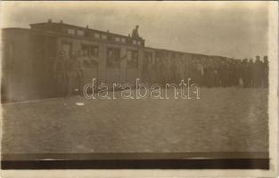 WWI German military, soldiers at a field railway station, train. photo