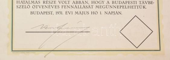 1931 Bp., a M. kir. kereskedelemügyi miniszter által adományozott emléklap Rédl Jenő postaműszaki fő...