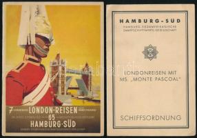 1935 3 db nyomtatvány Hamburg-London hajóutazásról: M.S. Monte Pascoal hajójegy, londoni utazási prospektus, benne képek a hajóról