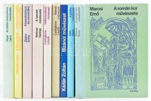 A Corvina művészettörténeti korszakokat bemutató sorozatának 9 kötete, teljes sorozat: Római művészet; Hellénisztikus művészet; A barokk művészete; Klasszicizmus és romantika; A XIX. század művészete; Az itáliai reneszánsz művészete; A román kor művészete; A gótika művészete; Bizánci művészet. Bp., 1971-1987, Corvina. Kiadói egészvászon-kötés, kiadói papír védőborítóban.