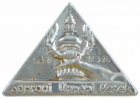 Renner Kálmán (1927-1994) 1958. Soproni ünnepi hetek 1958. IX. 3-28. háromszög alakú, ezüstözött fém emlékplakett (78x112mm) T:2 patina, kis ph