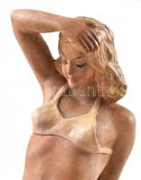 Bokor István 1942 jelzéssel: Art deco napozó nő. Színes mázas kerámia, jelzett, kopásnyomokkal, , m:...