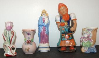 5 darabból álló porcelán tétel, benne: falusi leányzó, Szűz Mária és egyéb dekoratív dísztárgy