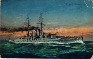 1917 SMS Szent István az Osztrák-Magyar Haditengerészet Tegetthoff-osztályú csatahajója / K.u.K. Kriegsmarine / WWI Austro-Hungarian Navy art postcard, Tegetthoff-class dreadnought battleship. C. Fano, Pola, 1915/16. 21.. s: Ed. Dworak + BRIEFZENSUR der k.u.k. Seeflugstation Pola (ázott sarok / wet corner)