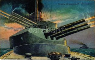 1916 Unsere Dreadnought im Feuer / WWI Austro-Hungarian Navy, K.u.K. Kriegsmarine art postcard, battleship firing. C. Fano, Pola 1915/16. 25. s: Ed. Dworak (kis szakadás / small tear)
