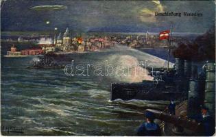 1915 Beschießung Venedigs. K.u.K. Kriegsmarine / WWI Austro-Hungarian Navy art postcard, Bombing of Venice s: F. Höllerer + ZENSURIERT SMS BELLONA (EK)