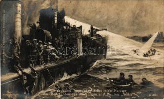1916 Ein deutsches Torpedoboot in der Nordsee die Überlebenden des vernichteten engl. Kreuzers Arabis / WWI German Navy art postcard s: Kurt Hassenkamp + K.U.K. MARINEFELDPOSTAMT POLA ZENSURIERT SM SCHIFF BELLONA (fl)