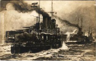 1915 Österr.-ung. Dreadnoughtgeschwader in Begleitung von Torpedobootszerstörern in der Adria. K.u.K. Kriegsmarine / SMS Balaton az Osztrák-Magyar Haditengerészet Tátra-osztályú rombolója / WWI Austro-Hungarian Navy art postcard, Tatra-class destroyer s: Alex. Kircher + "K.u.K. Fest. Art. Baon Nr. 3. 8. Feldkompagnie"