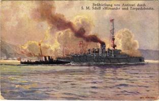 1917 Beschießung von Antivari durch SM Schiff Monarch und Torpedoboote. Offizielle Karte für Rotes Kreuz, Kriegsfürsorgeamt, Kriegshilfsbüros / WWI Austro-Hungarian Navy K.u.K. Kriegsmarine Monarch class coastal defense ship and torpedo boats, Bombardment of Bar s: Alex Kircher + "ZENSURIERT SMS BELLONA" (EK)