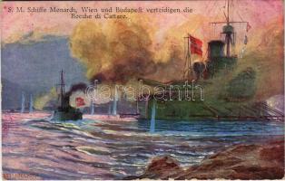 1915 SM Schiffe Monarch, Wien und Budapest verteidigen die Bocche di Cattaro. Offizielle Postkarte des Österreichischen Flottenvereines zu Gunsten der Kriegsfürsorge / WWI Austro-Hungarian Navy, K.u.K. Kriegsmarine art postcard, Monarch-class coastal defense ships defending the Bay of Kotor s: Alex Kircher + SM SCHIFF BELLONA (EK)