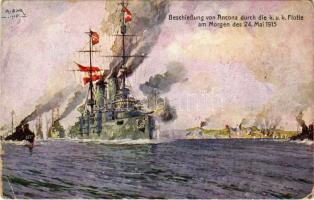 1918 Beschiessung von Ancona durch die k.u.k. Flotte am Morgen des 24. Mai 1915. K.u.K. Kriegsmarine, Kriegshilfsbüro Nr. 187. / Osztrák-Magyar Haditengerészeti flotta Ancona bombázásánál, SMS Mária Terézia páncélos cirkáló, 65 F (ex Hydra) torpedónaszád / WWI Bombardment of Ancona with Austro-Hungarian Navy battleship SMS Kaiserin und Königin Maria Theresia (SMS Mária Terézia) and 65 F torpedo boat s: A. Sirk (EK)