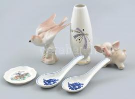 Vegyes porcelán tétel (madár, elefánt, váza, Hévíz emléktálka), közte Aquincumi, kínai, kis kopásnyomokkal