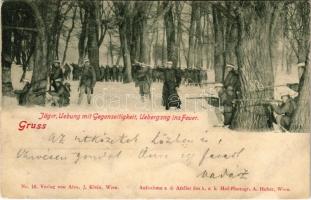 1901 Jäger-Übung mit Gegenseitigkeit, Übergang ins Feuer. Verlag v. Alex. J. Klein. Aufnahme a. d. Atelier des k.u.k. Hof-Photogr. A. Huber / Austro-Hungarian K.u.K. military, shooting practice in the woods in winter (kis szakadás / small tear)