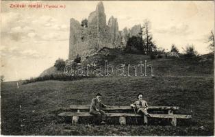 1910 Znióváralja, Klastor pod Znievom; várrom, padon ülő úriemberek. Sochán P. 1908. / Znievsky hrad, zámok / castle ruins, gentlemen sitting on a bench (EK)