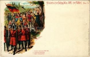 Historischer Festzug Wien 1898. (32 Blätter) Blatt 4. Friedrich der Schöne, Leopold der Glorwürdige, Seifried Schweppermann. Verlag v. Wilhelm Kareis. Otto Schaefer & Scheibe litho s: Messerschmidt (EK)