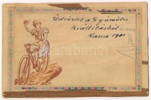 1901 Kerékpáros hölgy. Vékony fakéreg képeslap. Üdvözlet a gyümölcs kiállításból, Kassa / Lady on bicycle. Thin wooden postcard made from tree bark s: Malcher