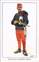 Honvéd nyári menetöltözetben 1869-ben. Honvédség története 1868-1918 / Austro-Hungarian K.u.K. military art postcard, uniform s: Garay