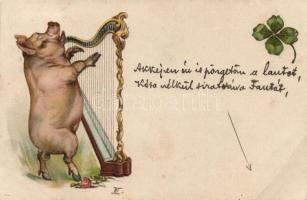 1899 New Year, Pig with harp, clover, litho (EB)